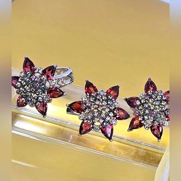 925 Sterling Silver Set Ring Sz 8.75 & Earrings with Natural Garnet & Sapphire - Picture 10 of 11